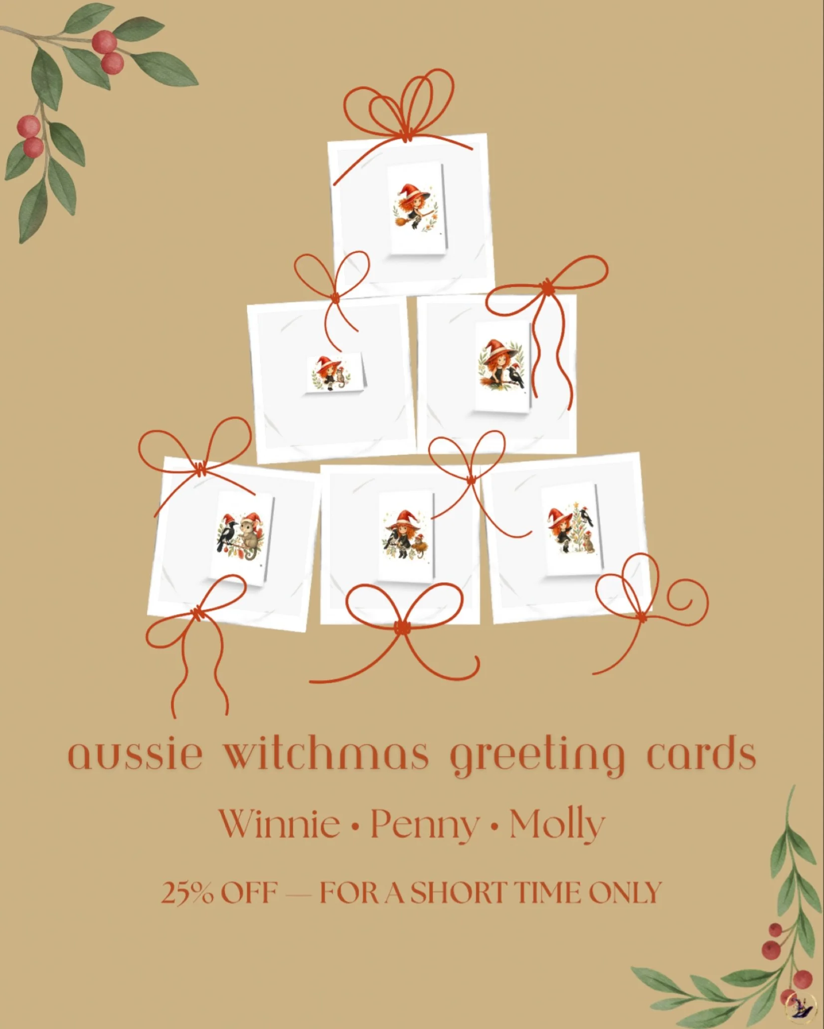 Witchmas greetings, anyone? ✨
All Aussie Witchmas designs including Winnie Witchling, Penny Possum, and Molly Magpie,are now available as greeting cards&hellip; and Redbubble has 25% off cards for a limited time.

Perfect for posting, gifting, or sen