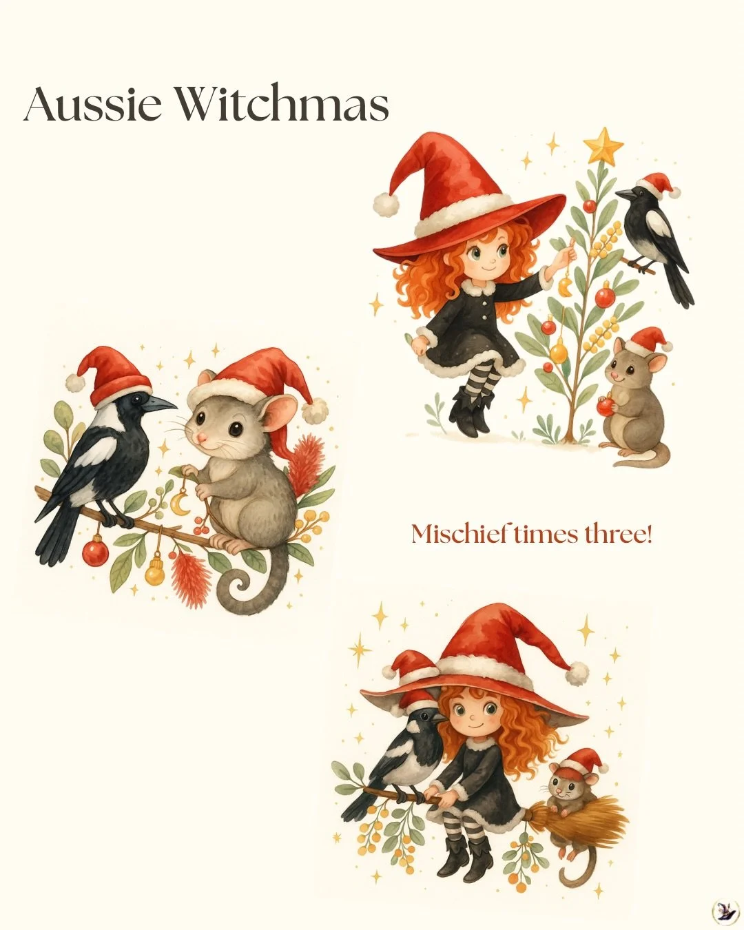 The whole Aussie Witchmas trio is finally together, causing a little mischief of their own.
You can find the full collection in my Redbubble store, and Redbubble has up to 60% off at the moment if you&rsquo;re picking up a bit of Witchmas magic. ✨
Li