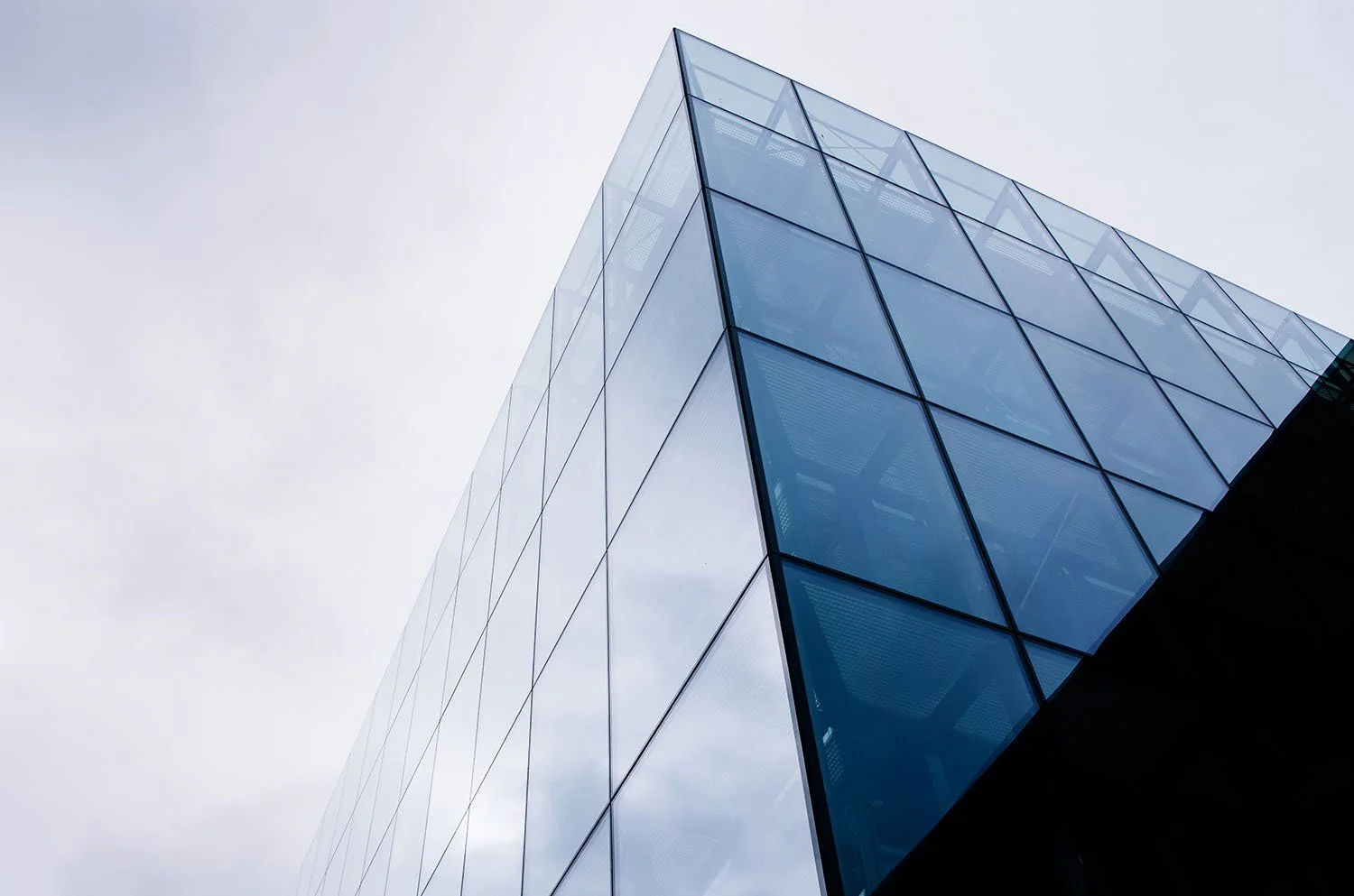 looking up at a modern glass building silhouetted against a grey sky