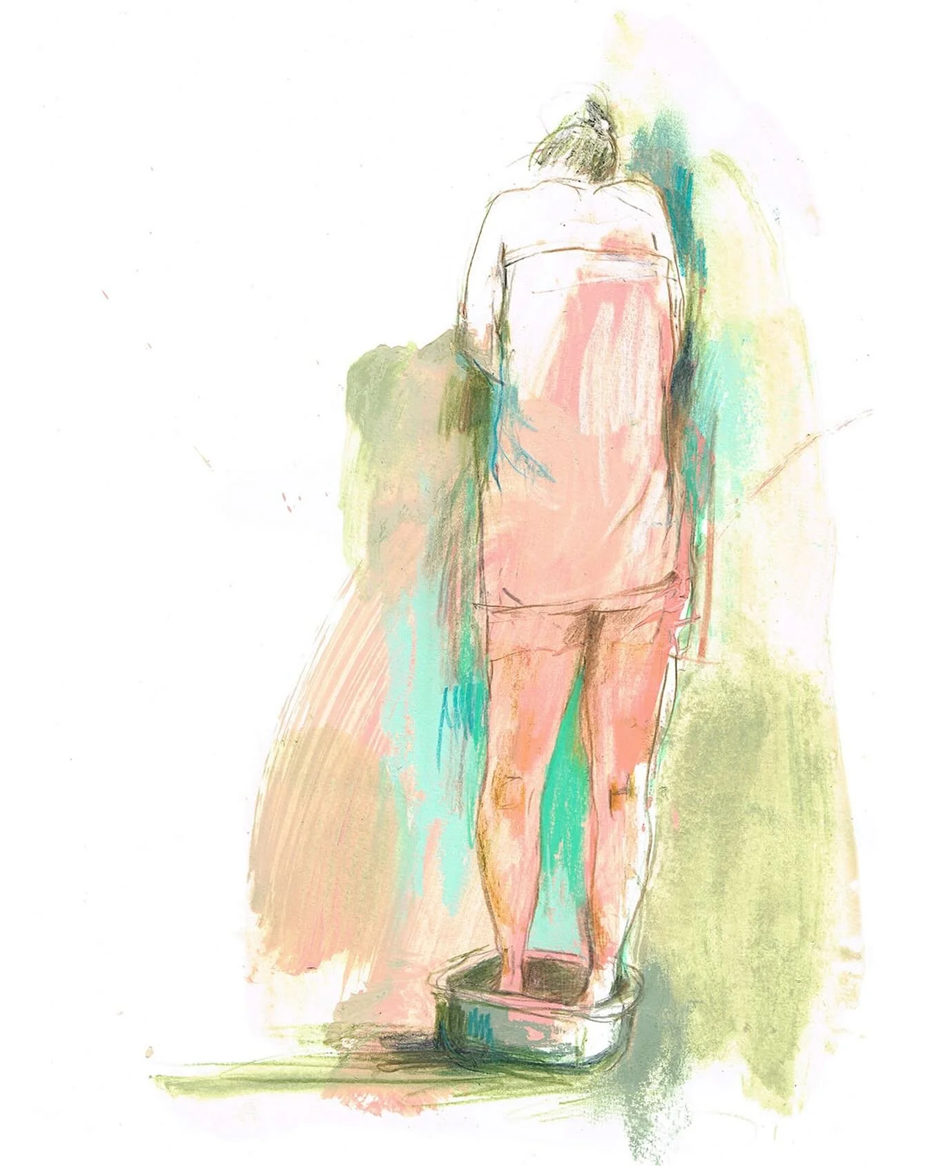 She stands on newspaper, talc dusts old headlines as she powders herself dry. Moving slowly, layers quietly drawn. A threadbare knit, practical trousers, dark green socks, tatty brown brogues that have seen better days. Without chat or eye-contact, s