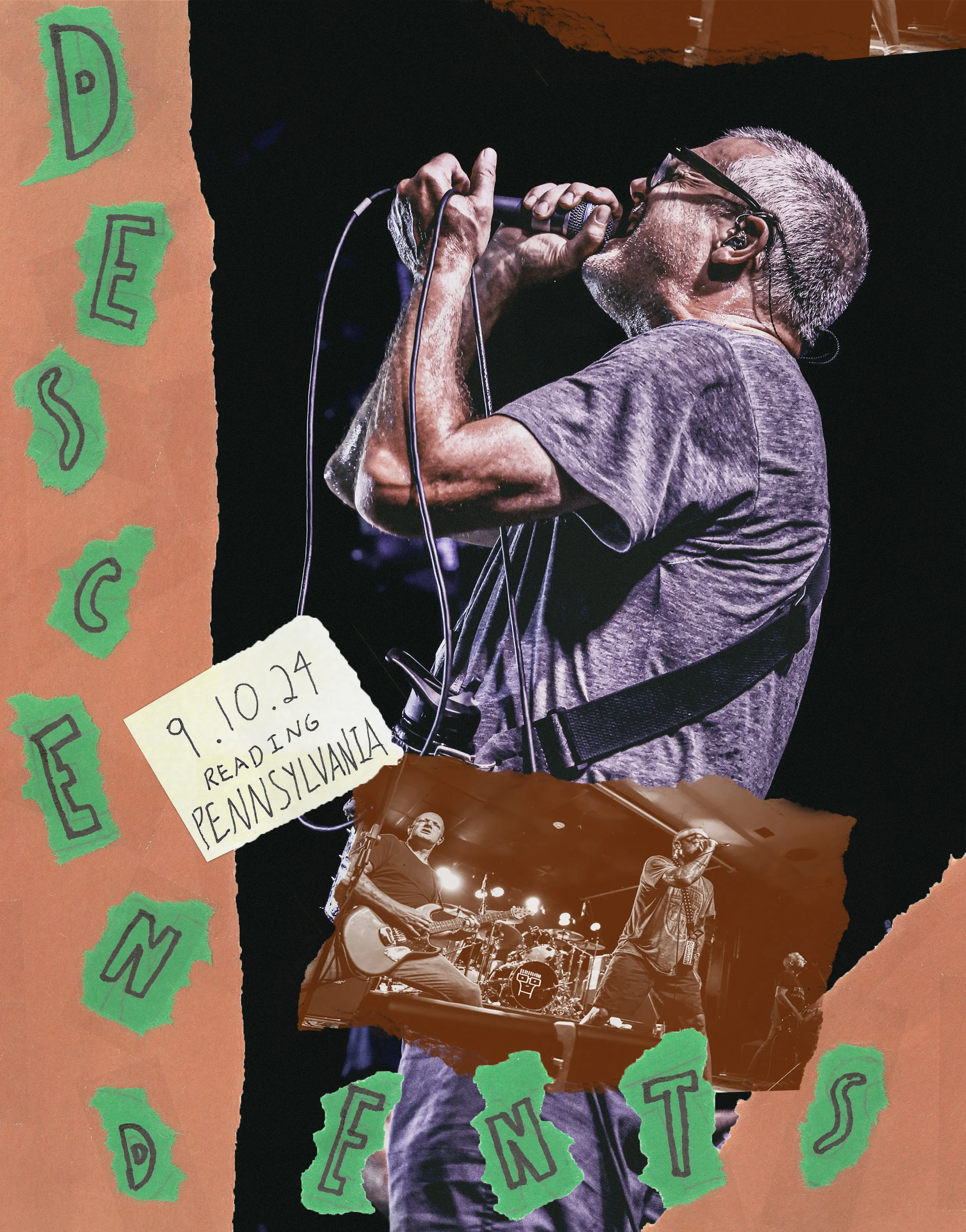 A male singer with glasses and gray hair performing on stage, holding a microphone. A smaller inset image shows a band with a guitarist and drummer performing live.