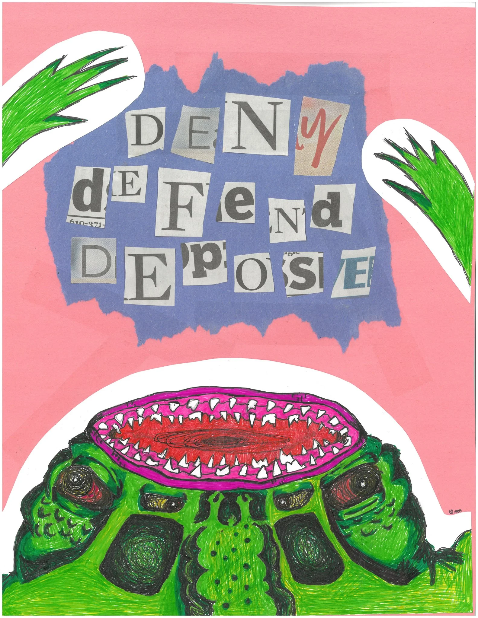 Colorful collage with cut-out letters spelling 'DENY de FEND DEPR E', two green leaves at the top corners, and a large, detailed drawing of a green amphibian with an open, red, and purple mouth at the bottom.