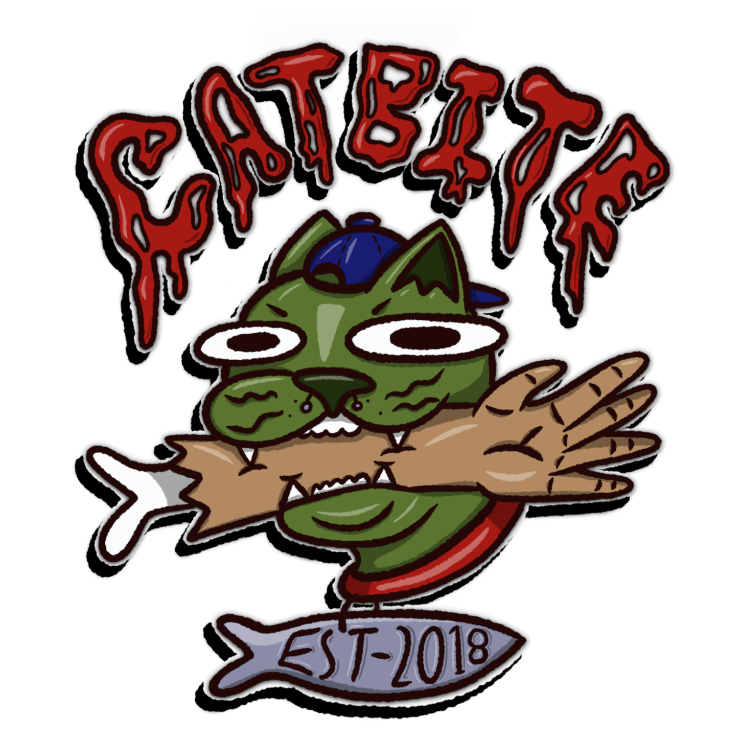 A cartoon logo featuring a green French bulldog wearing a blue cap and holding a spiked wooden bat in its teeth. The dog's eyes are exaggerated with white oval shapes, and the logo reads "SABOTEURS" in red, graffiti-style text above its head. Below the dog, there's a fish silhouette with the text "EST. 2018" inside.