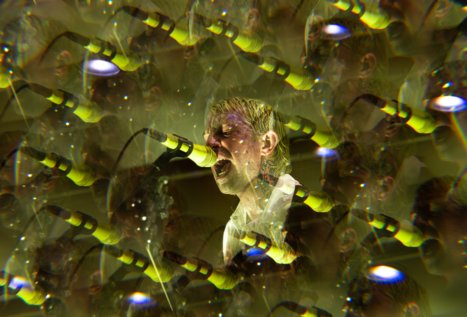 A person singing passionately into a microphone, surrounded by multiple overlapping images of themselves, creating a kaleidoscopic effect.