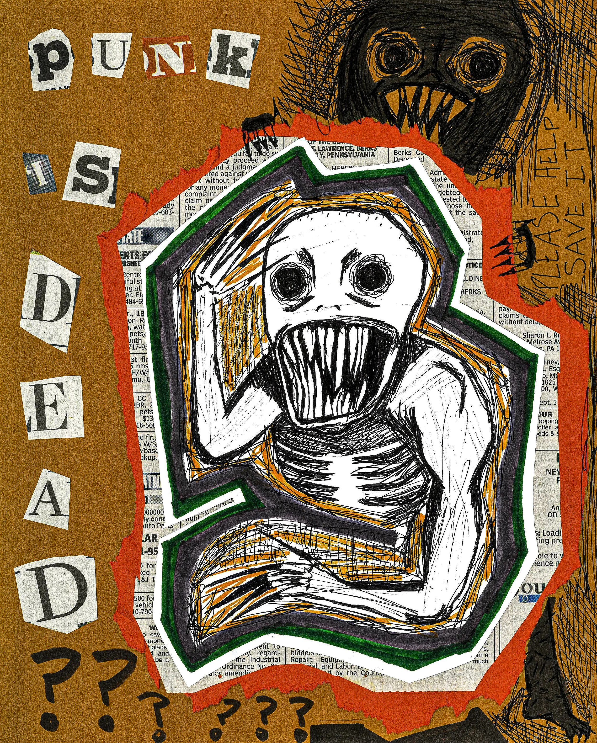 A chaotic collage featuring cut-out letters spelling 'PUNK IS DEAD?', a cartoon screaming figure with large eyes and an open mouth, and a hand-drawn creature with sharp teeth and an exaggerated expression, all set against a background of torn paper and newspaper clippings.