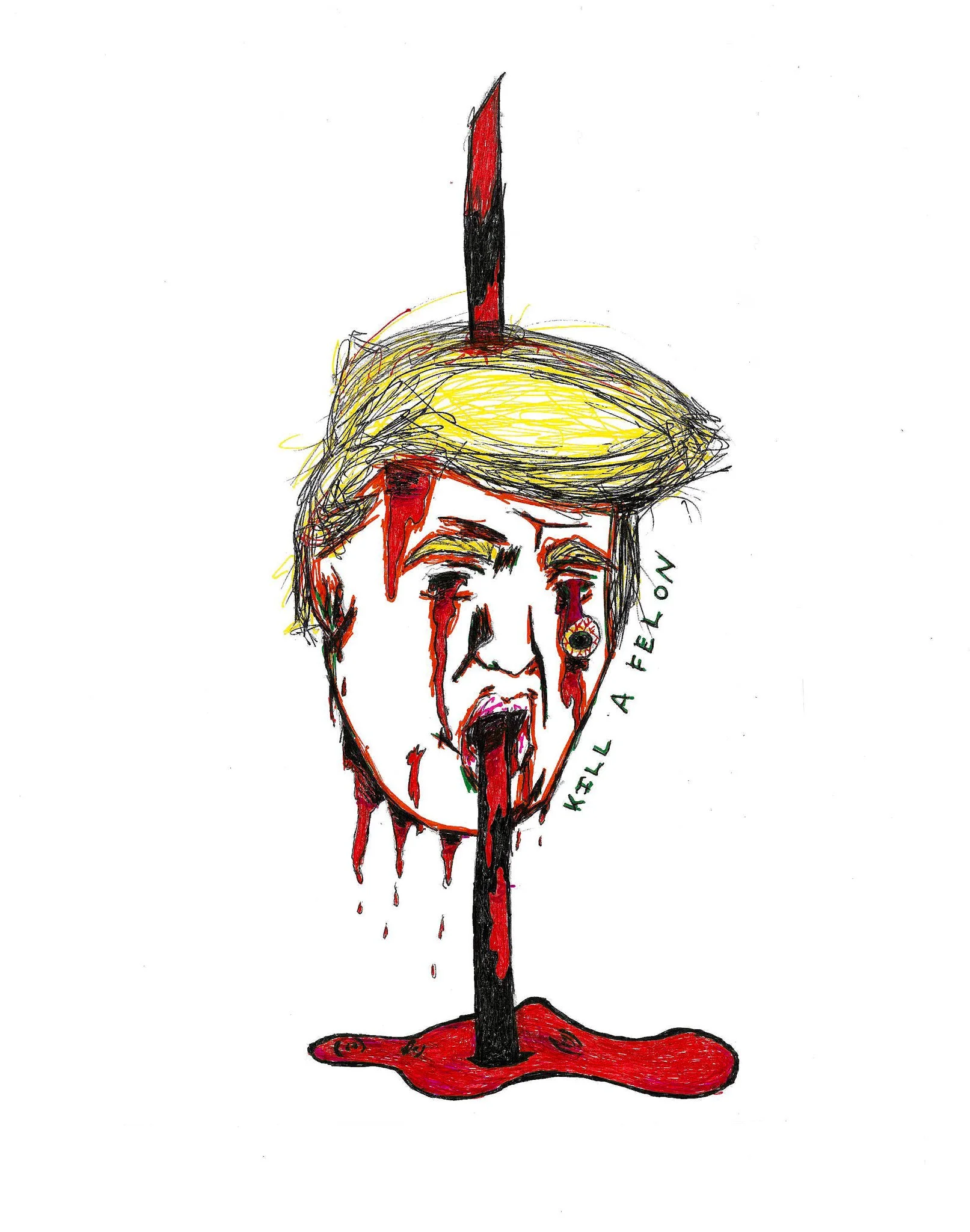A drawing of a portrait of former President Donald Trump with his hair styled as a blonde, with long red and black blood-like streaks coming from his eyes, mouth, and hair, and a rocket going through his head. The phrase "Kill a F**K Boy" is written vertically beside the portrait.