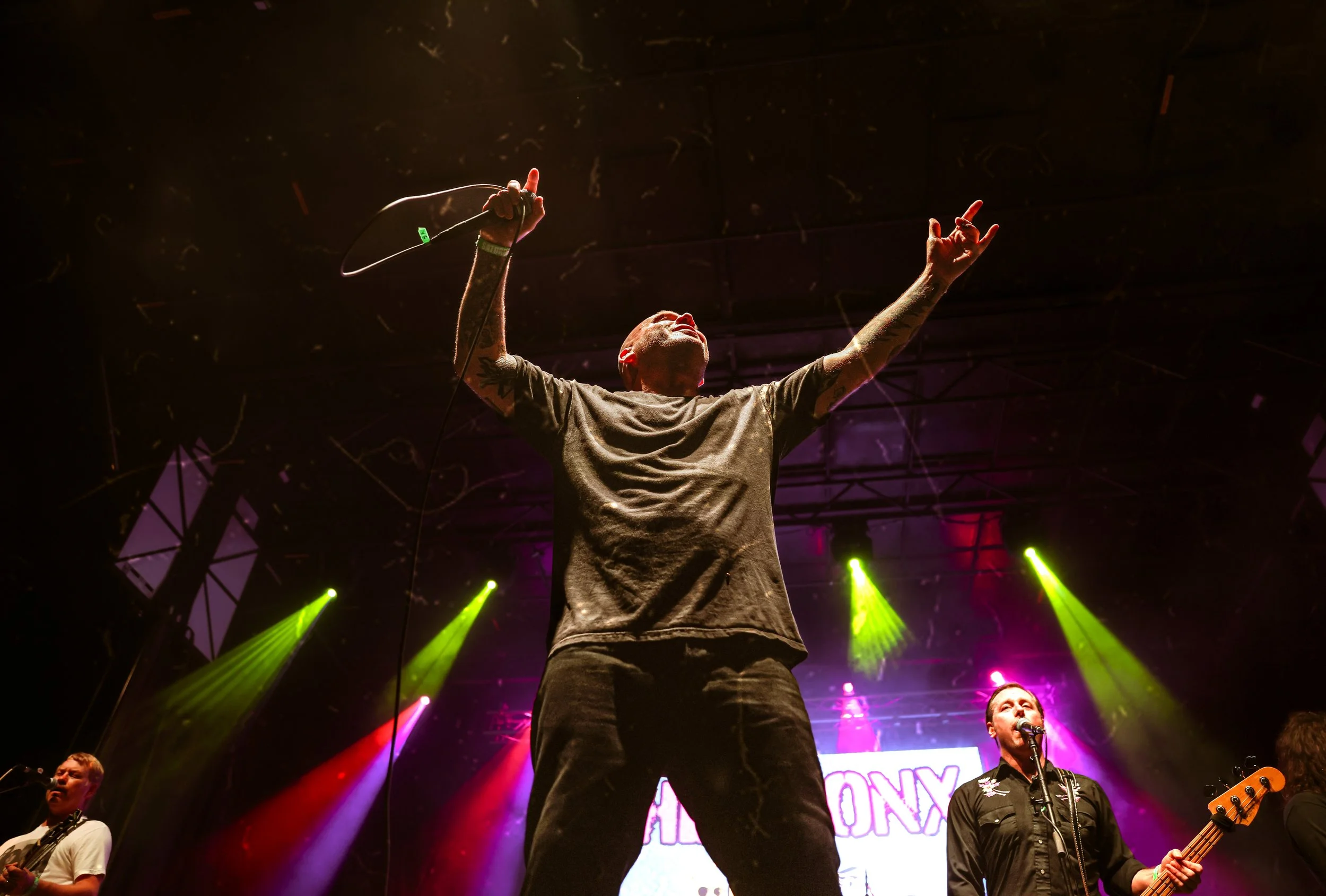 A vocalist on stage with arms raised, holding a microphone cord in one hand, during a live concert with colorful stage lighting.