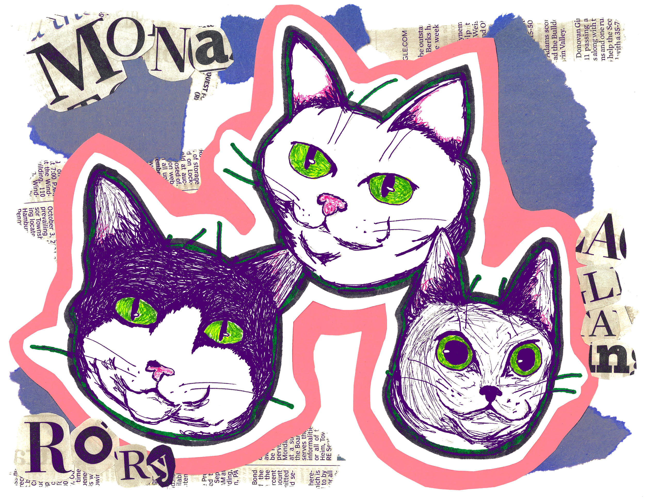 Illustration of three cartoon-style cats with green eyes, drawn with purple, black, and pink lines, layered on a collage background of torn newspaper and blue textured paper, with pink border outlining the cats.