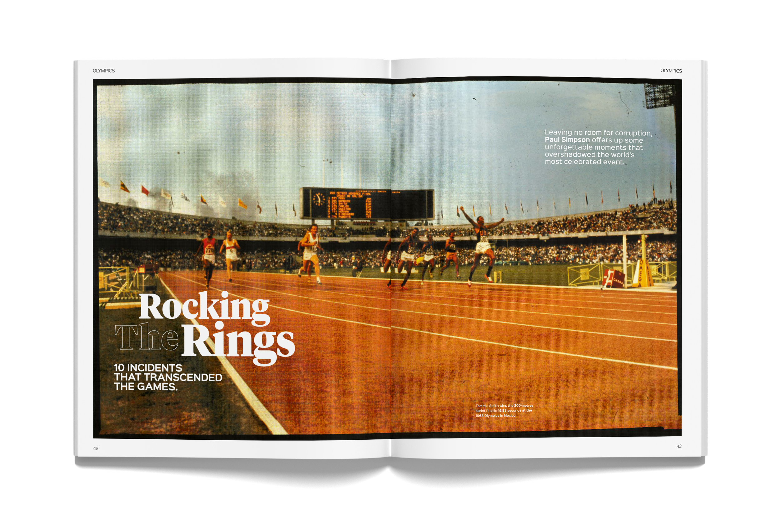 A photograph of a track and field race at a stadium during the Olympics, with athletes sprinting on a red track, a large digital scoreboard in the background, and a crowd in the stands.