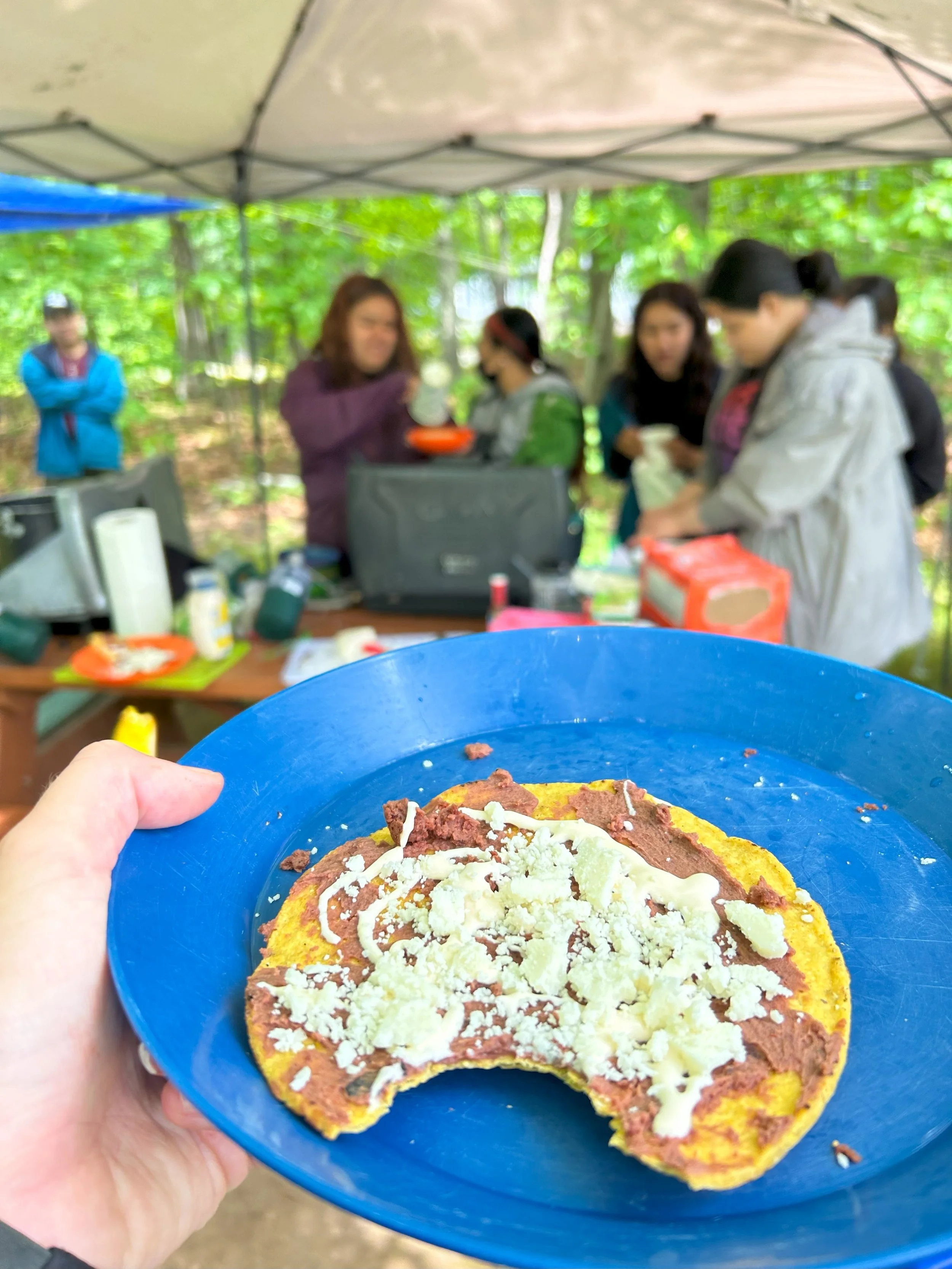 A blue plate of food, likely an omelette topped with cheese and meat, held in front of a group of people under a canopy outdoors.