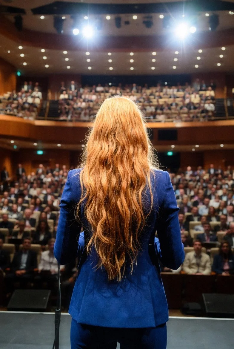 Megs Gelfgot delivering a keynote on resilient leadership to a corporate audience from the stage