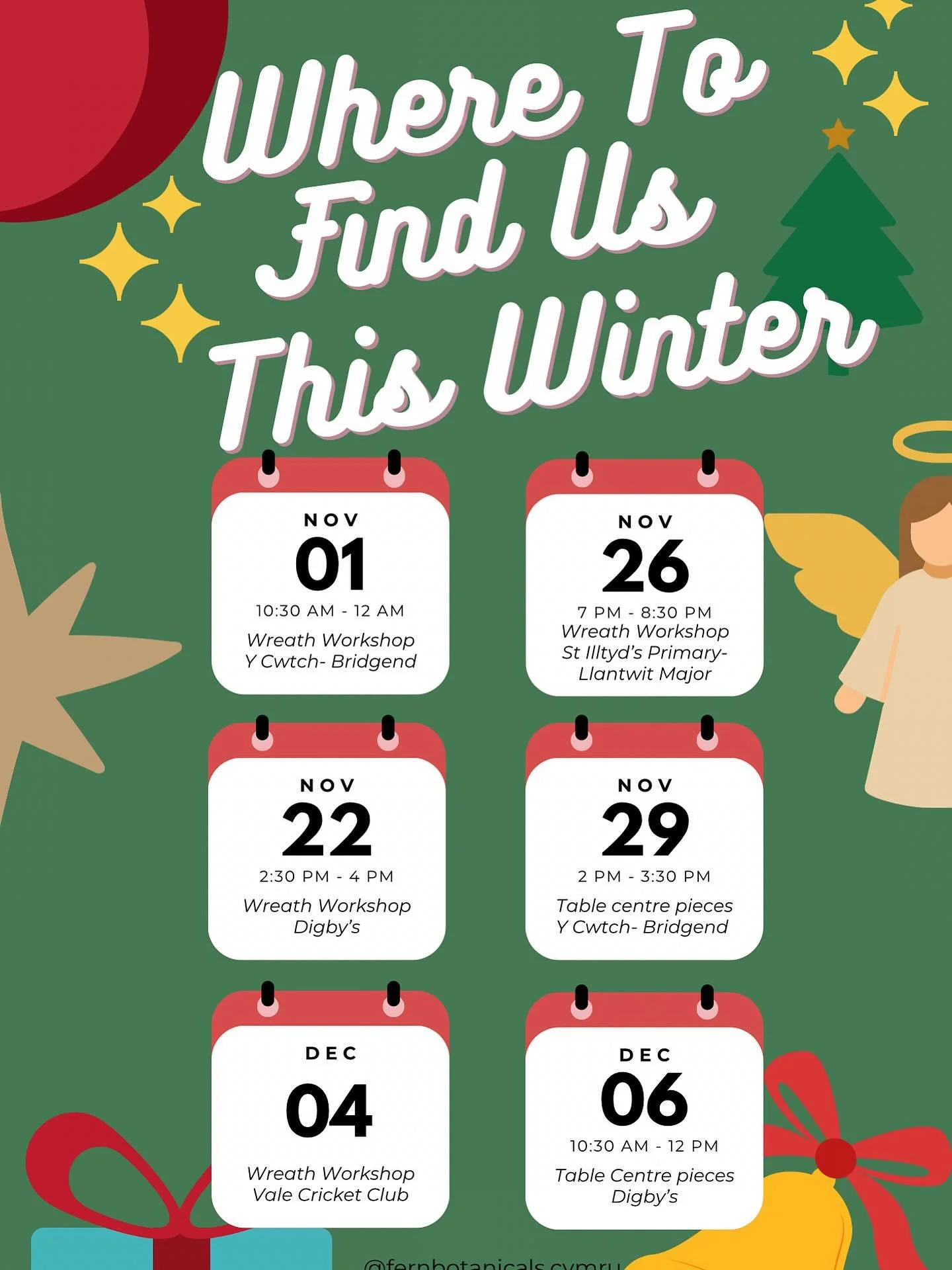 We&rsquo;ve got lots going on this November and December, so here&rsquo;s a little something to help you find us!
Don&rsquo;t forget &mdash; we also offer private events with a craft of your choice. Just drop us a message, and we&rsquo;ll get back to