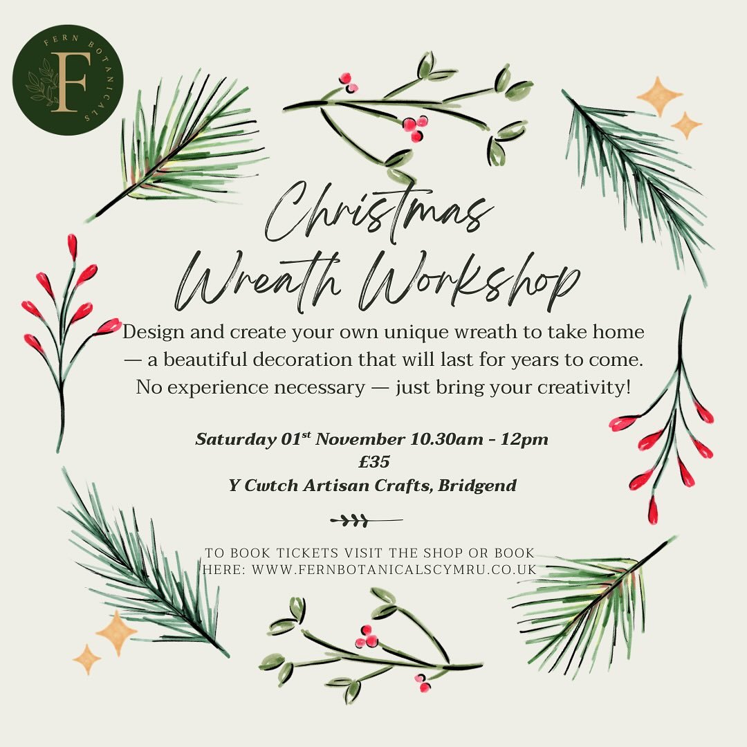 🎄 Just over a week to go until our first Christmas Wreath Workshop of the year in Bridgend town centre! 🌿✨ There are still a few spaces left &mdash; come along, get creative, and make a beautiful wreath ready for your door. 🎁
👉 Book your tickets 