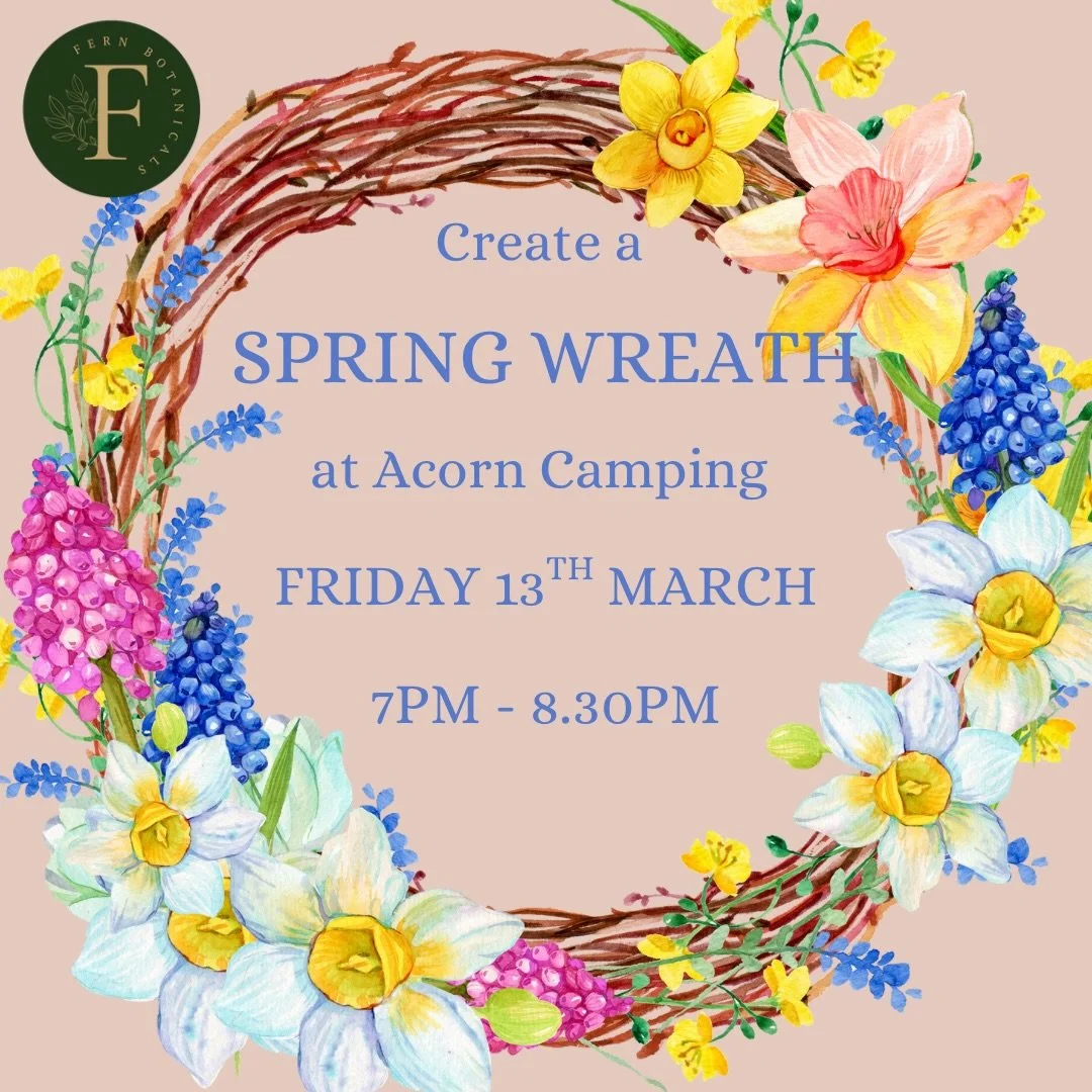 Celebrate spring with a creative evening of wreath making @acorncamping .
All materials provided&mdash;just bring yourself and enjoy an evening of catching up with your besties.
Visit the website to book your space - https://www.fernbotanicalscymru.c