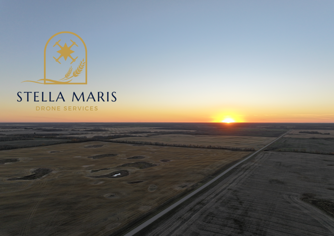 Logo for Stella Maris Drone Services with a stylized drone and wheat symbol over a landscape at sunset.