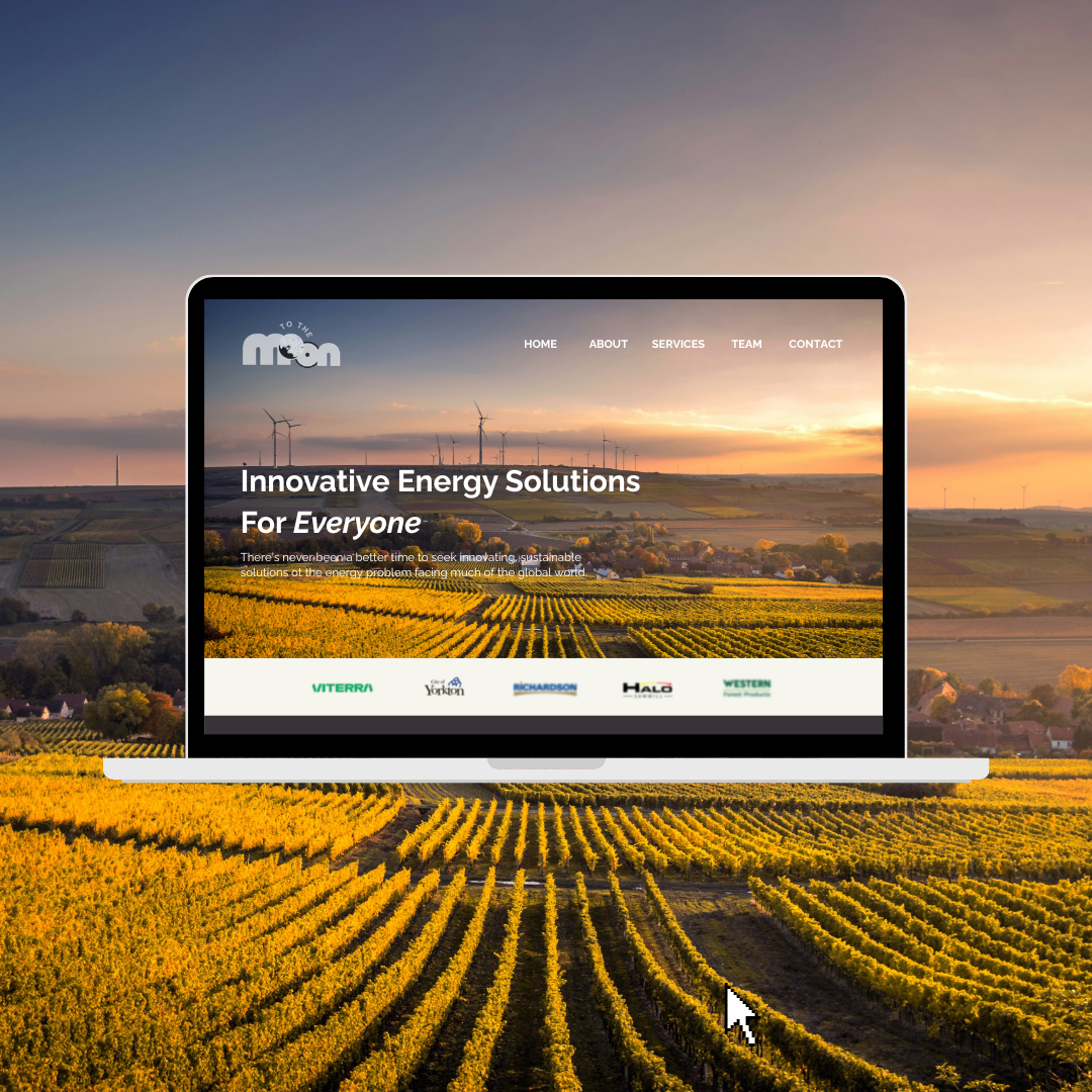 Laptop displaying a website for an energy solutions company, set on a vibrant vineyard landscape during sunset.