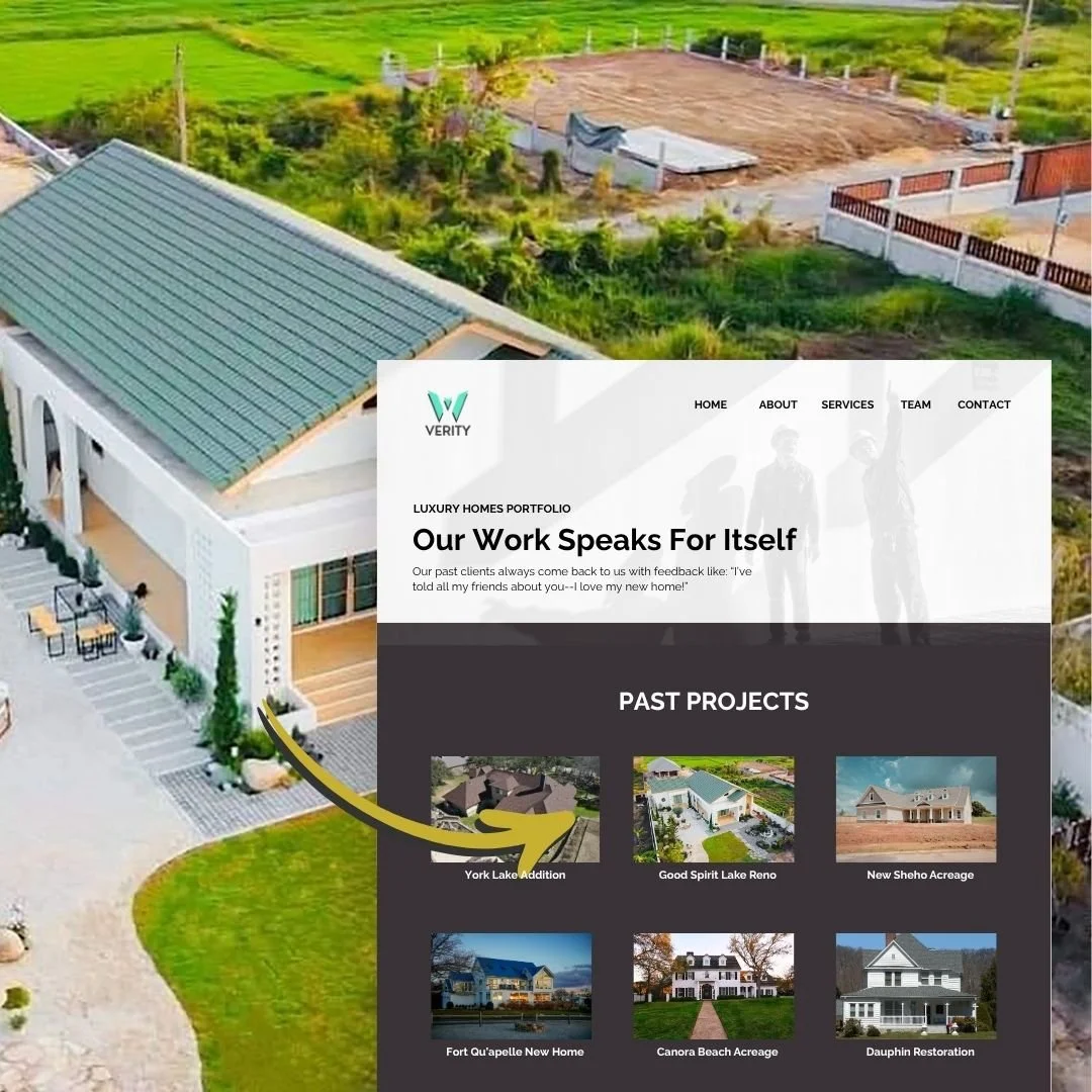 Aerial view of a house with a green roof, surrounding greenery, and a construction site in the background, with a website overlay of the projects page portfolio of a home construction company.
