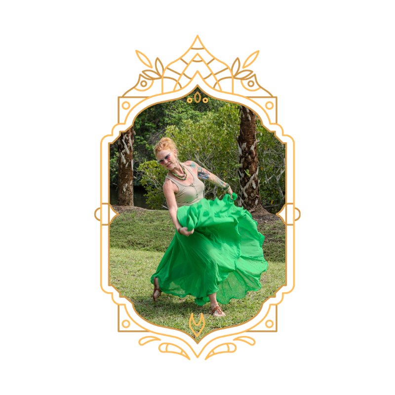 A woman dancing outdoors in a green dress, wearing sunglasses and earrings, with trees and grass in the background, framed by an ornate, colorful border.
