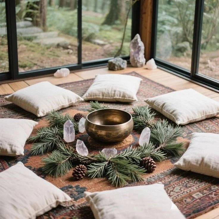 A cozy indoor space with a round arrangement of pine branches, pinecones, and clear crystal stones surrounding a brass singing bowl on a patterned rug, with pillows placed around the perimeter and large windows in the background showing a forested outdoor area.