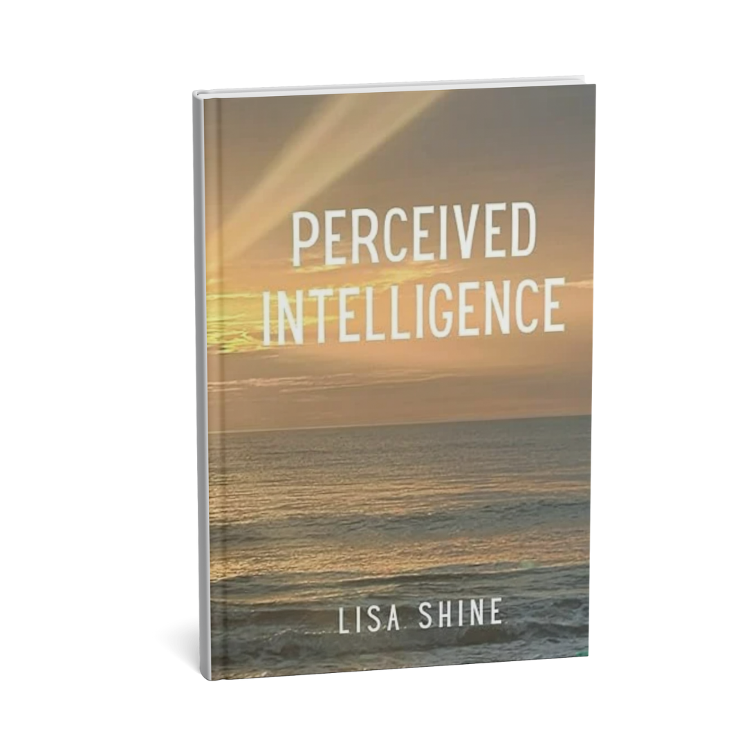Book cover titled 'Perceived Intelligence' by Lisa Shine, featuring a sunset over the ocean with rays of sunlight.