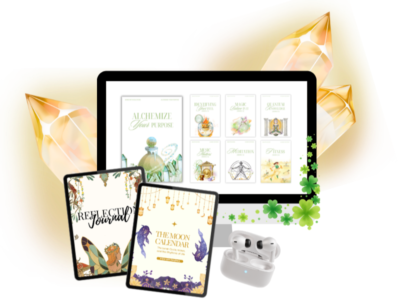 A digital setup with a computer monitor and two tablets displaying spiritual and mystical content, accompanied by a white pair of wireless earbuds and glowing crystal-like objects, surrounded by green shamrocks.