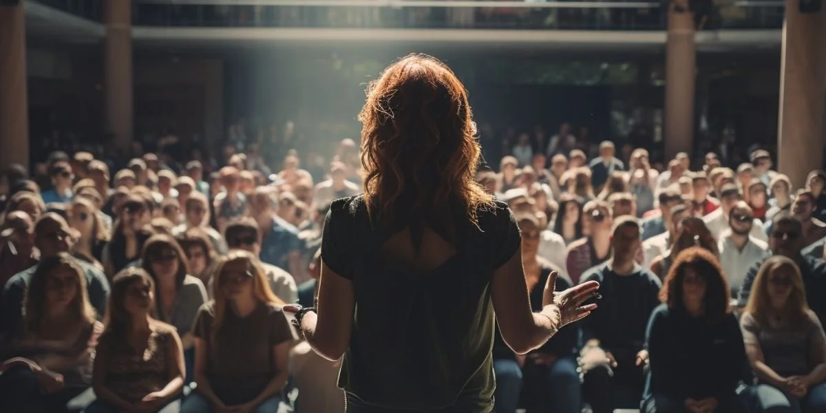 A woman with wavy, shoulder-length hair stands on stage facing an audience, speaking or presenting in a large indoor venue with a high ceiling and natural lighting.