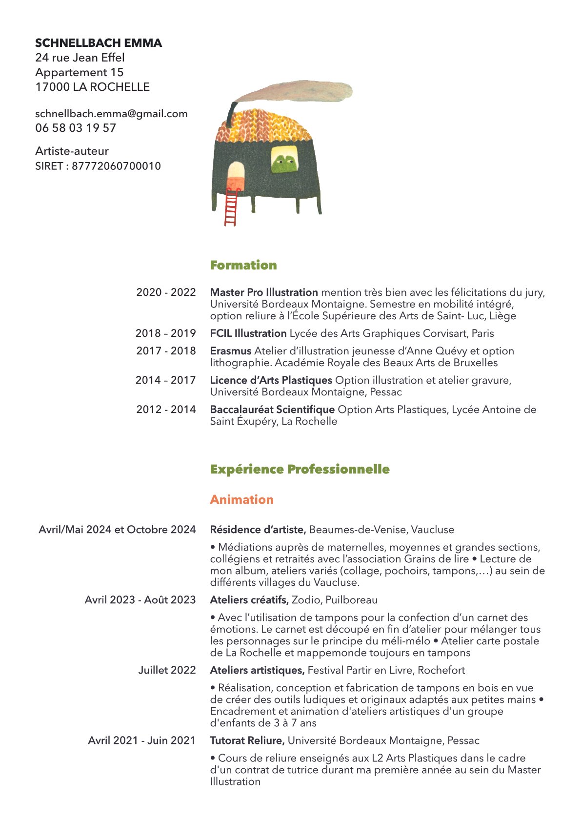 Une page de présentation de Schnellbach Emma, artiste-auteur, avec ses coordonnées, une illustration, sa formation académique et son expérience professionnelle. Les sections incluent "Formation" et "Expérience Professionnelle", détaillant ses diplômes, résidences d'artiste, ateliers créatifs, et tutorats réalisés entre 2012 et 2024.