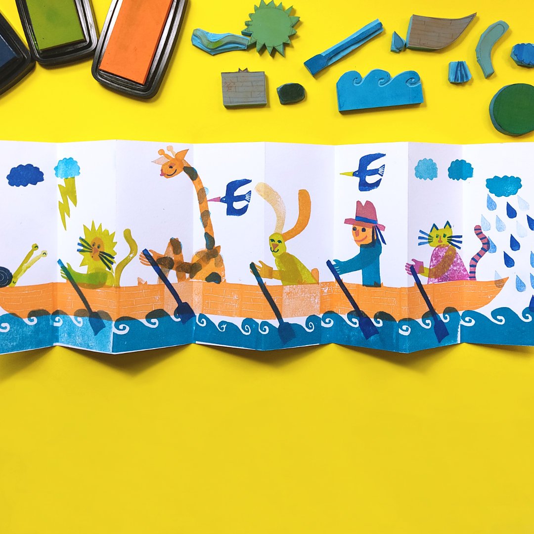 Illustration colorée montrant des personnages animaliers et un humain dans une embarcation avec des motifs de vagues en papier plié. Fond jaune avec tampons et encreurs.