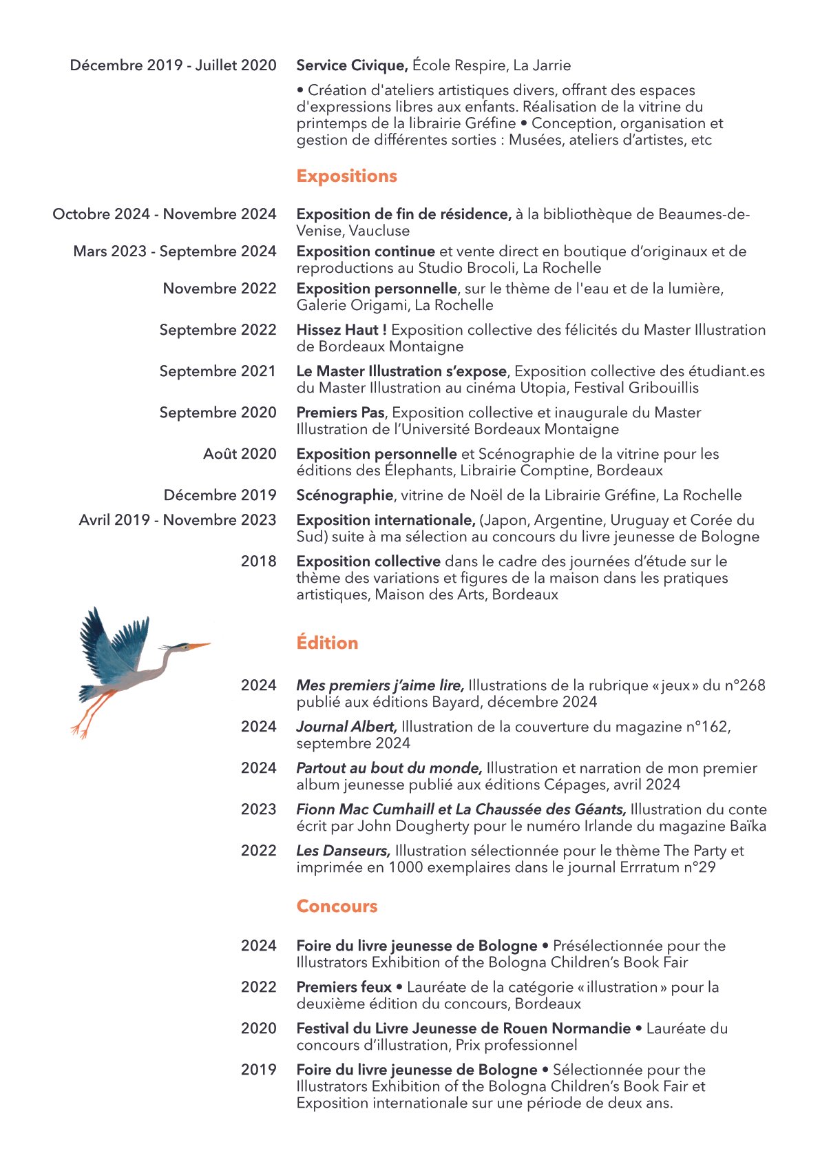Une liste d'activités et de réalisations liées aux expositions et à l'édition avec des dates. Inclut des expositions personnelles et collectives, des publications d'illustrations et des participations à des concours. Un oiseau est illustré dans l'image.