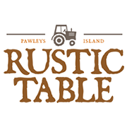 Rustic Table logo with a tractor illustration, and the words "Pawleys Island" and "Rustic Table" near Myrtle Beach, SC