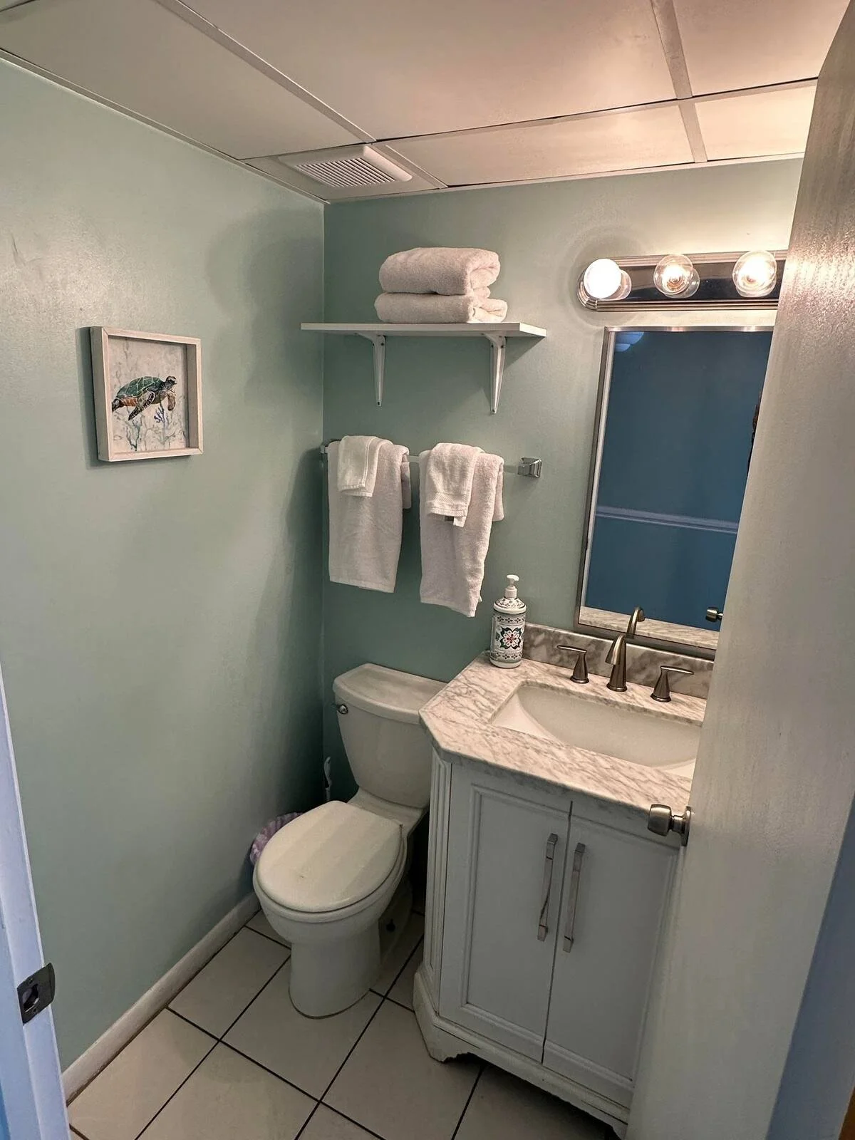 Small bathroom with light teal walls, a white toilet, a white vanity with a marble countertop, a mirror, a soap dispenser, and a towel rack with three white towels. Above the toilet, a shelf holds two folded towels, and a framed picture of a turtle i
