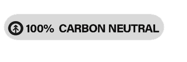 A label with an upward arrow, stating "100% CARBON NEUTRAL".