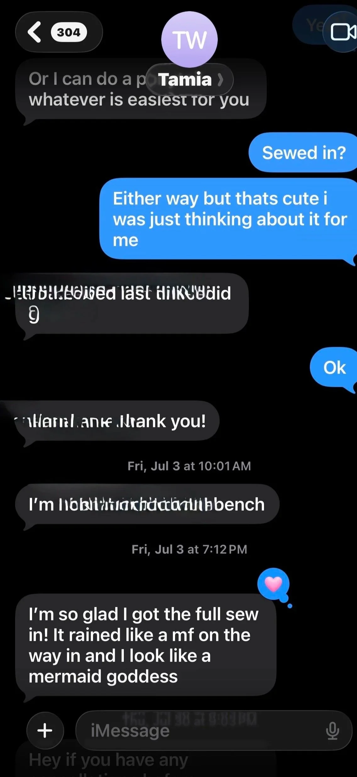 A screenshot of a text message conversation between two people discussing sewn ins an how she looked like a mermaid when it rained.