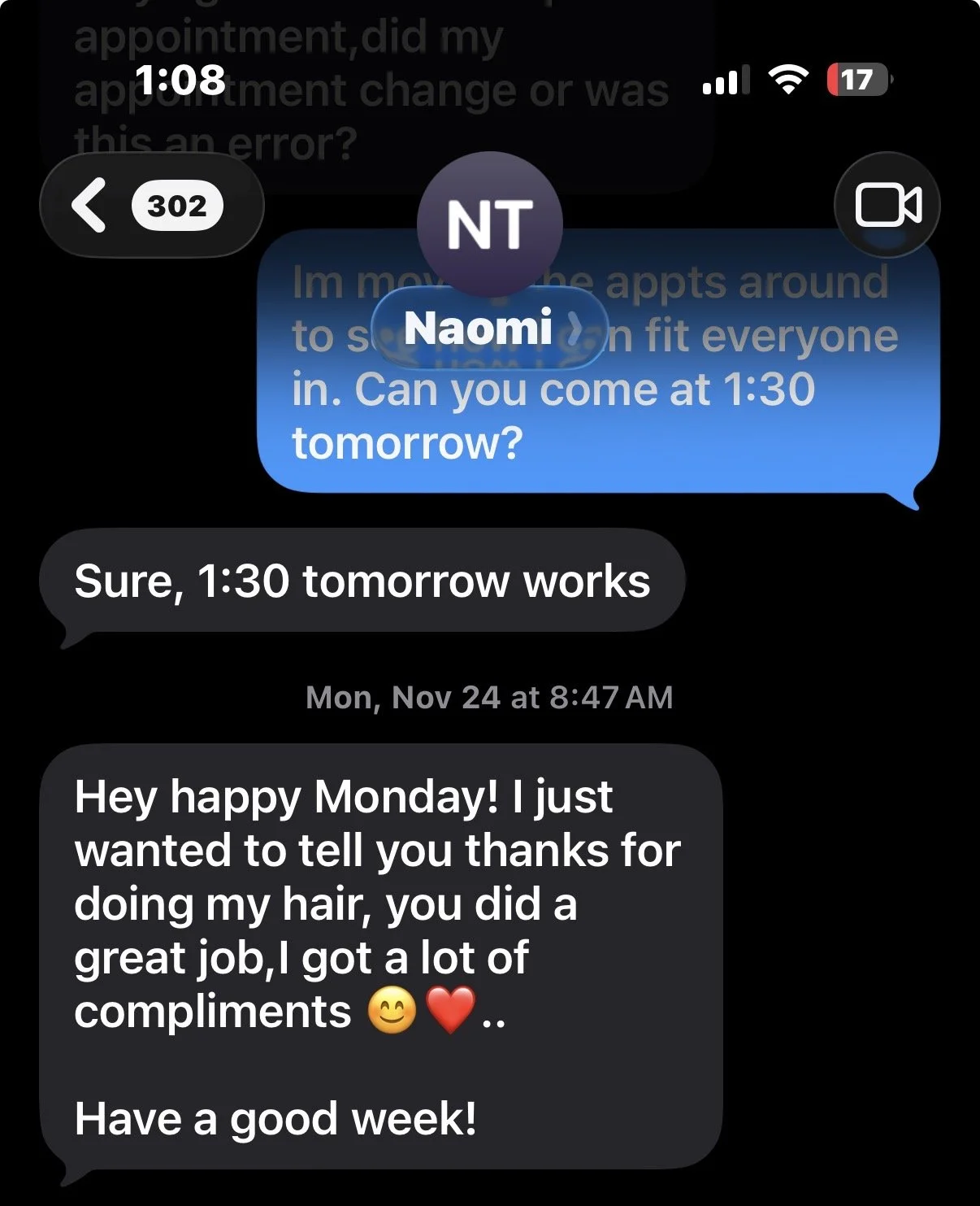 Screenshot of a text message conversation on a smartphone, showing multiple messages discussing appointments, expressing gratitude, and exchanging greetings.