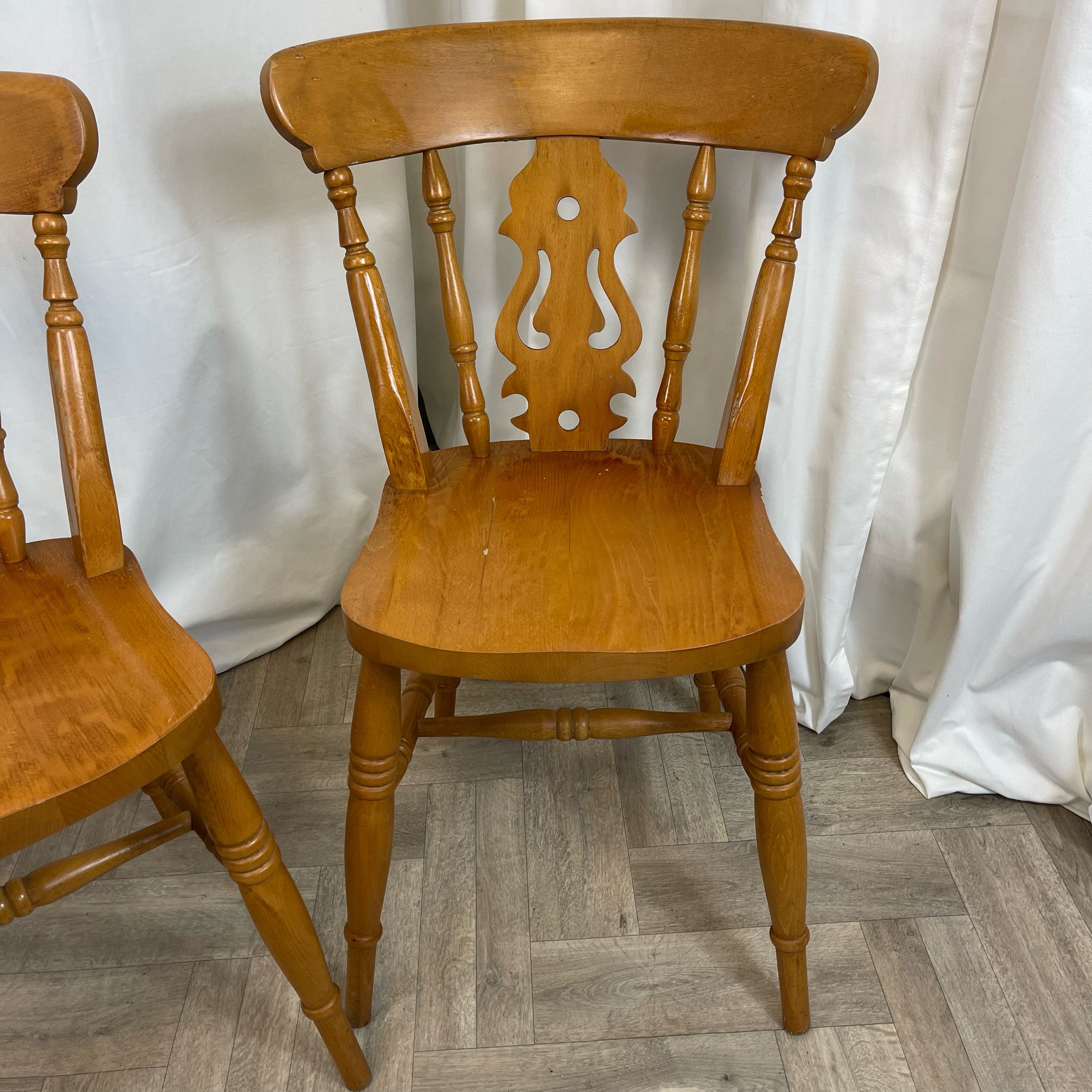 Country kitchen chairs, pine fiddle back