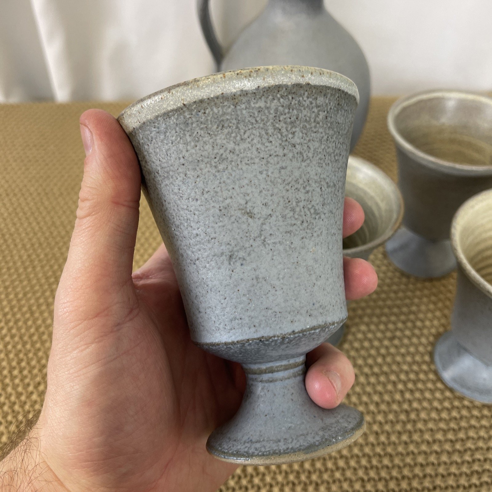 Baby blue vintage ceramic goblets and water jug