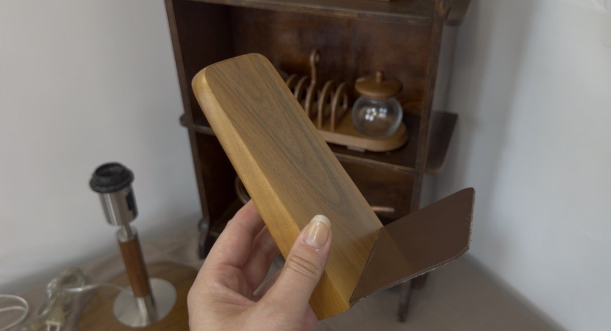 Pair of mid-century modern German bookends in beautifully grained wood with maker's logo, found at Kempton Park Antiques Market.