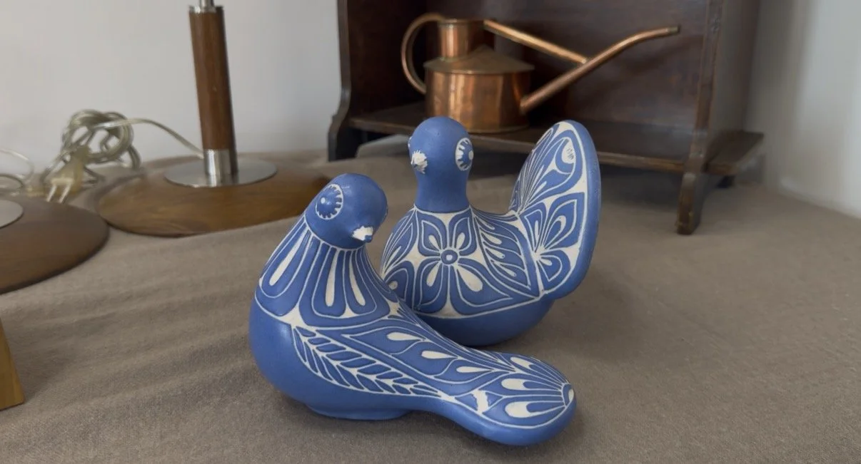 Pair of signed handmade folk art pottery birds with hand-painted detail, found at Kempton Park Antiques Market — Marika's favourite find of the week.
