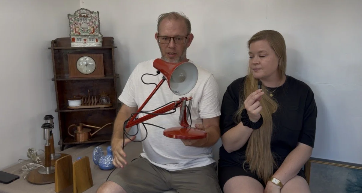 riginal vintage Anglepoise lamp in pillar-box red, made in England with the classic sprung arm and button switch, found at a village boot sale.