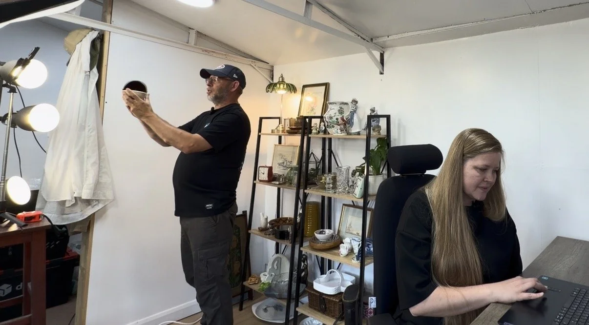 Marika and Brad from Fire and Wolf Interiors behind the scenes at their first live selling show