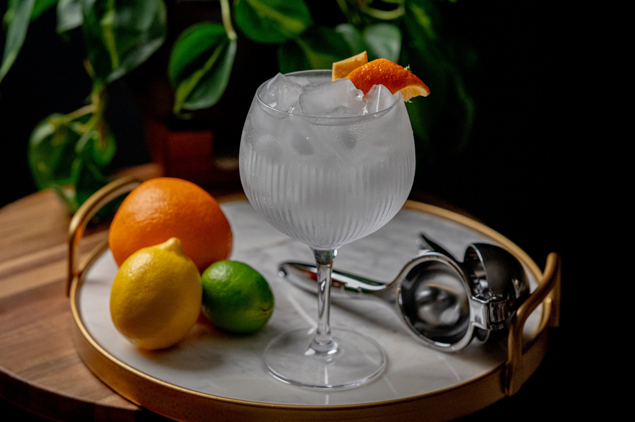 A glass of a clear cocktail with ice and orange garnish on a wooden tray, with lemons, lime, and an orange around it, and a metal citrus press beside.