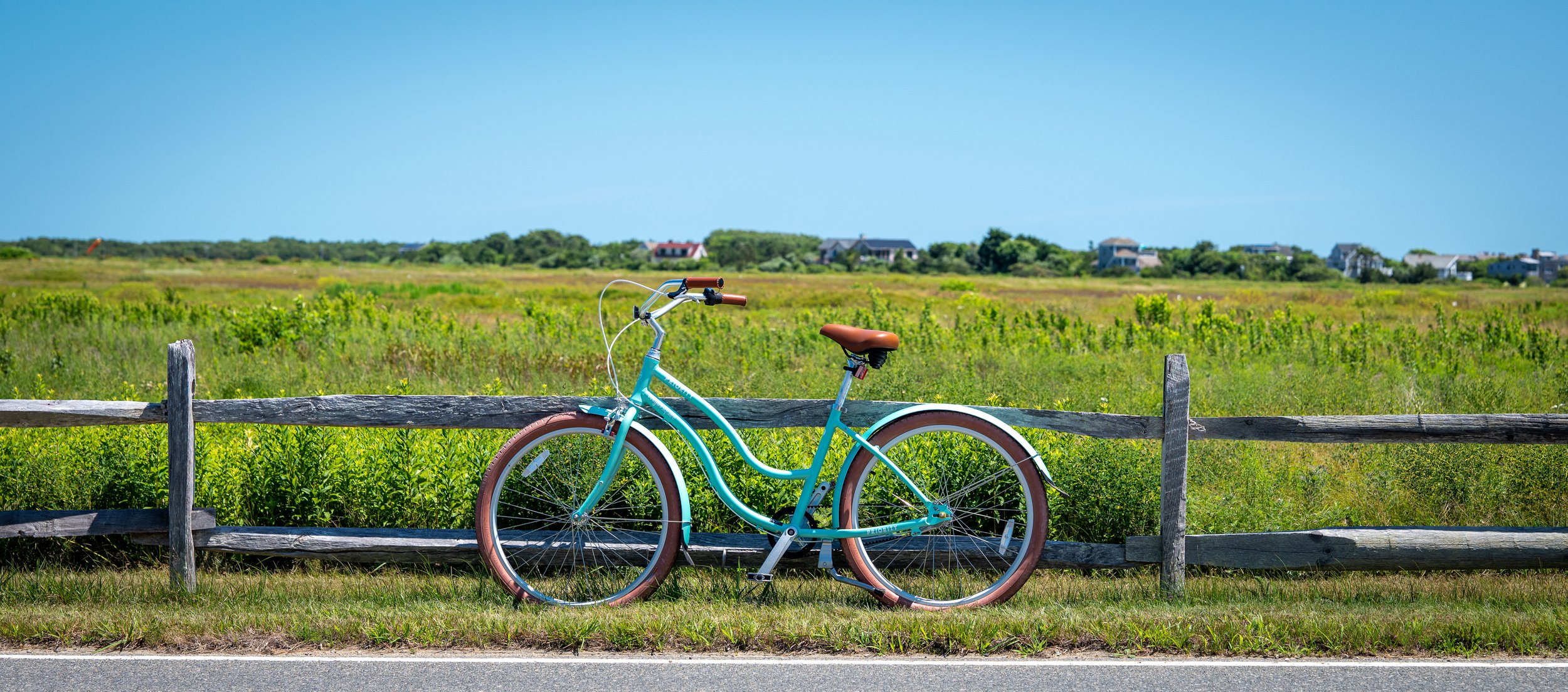 A blue bicycle with tan tires and a brown seat parked against a wooden fence in a grassy field under a clear blue sky.
