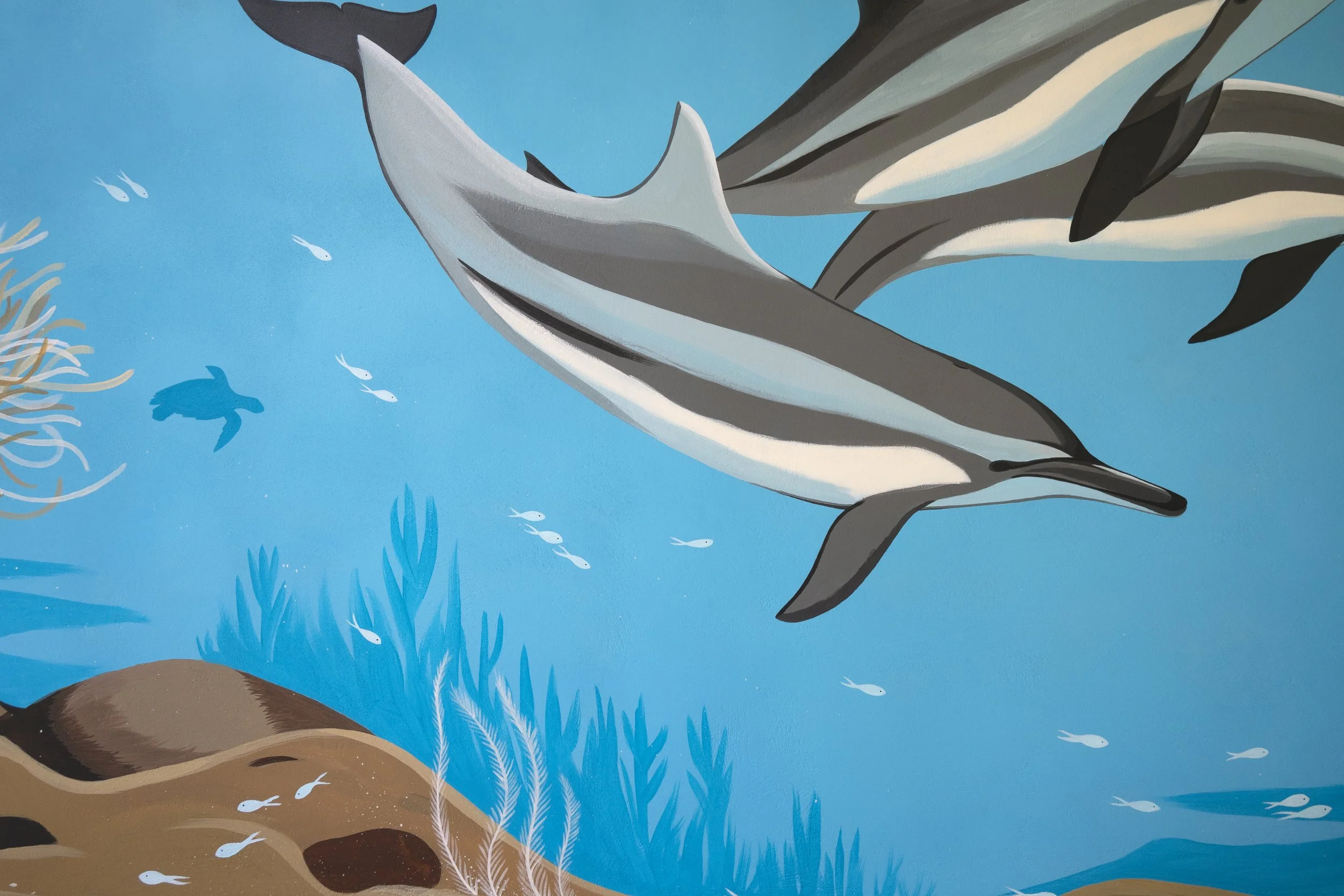 Puri Yalus Homestay - Spinner dolphins pass by the reef of a crystal clear bay. Painted on the reception wall in Crystal Bay area. 