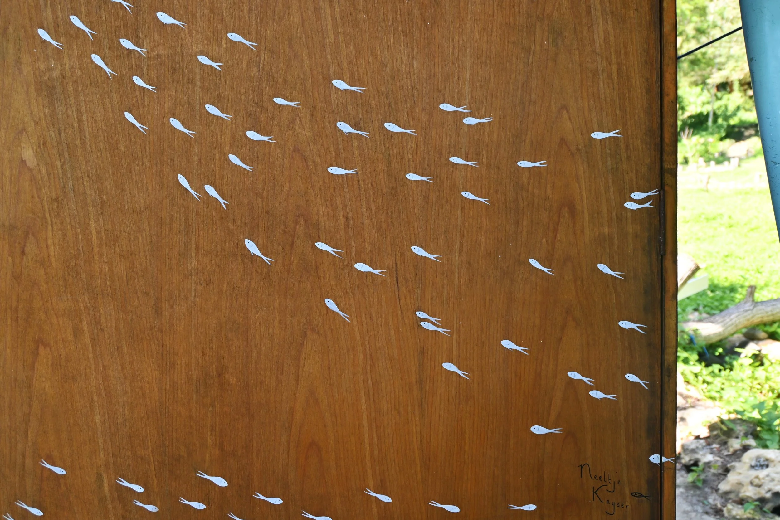 Kirana Retreat - A lively underwater scene featuring a variety of marine species. Painted on a wooden closet used to store watersport equipment at the resorts  watersport centre.