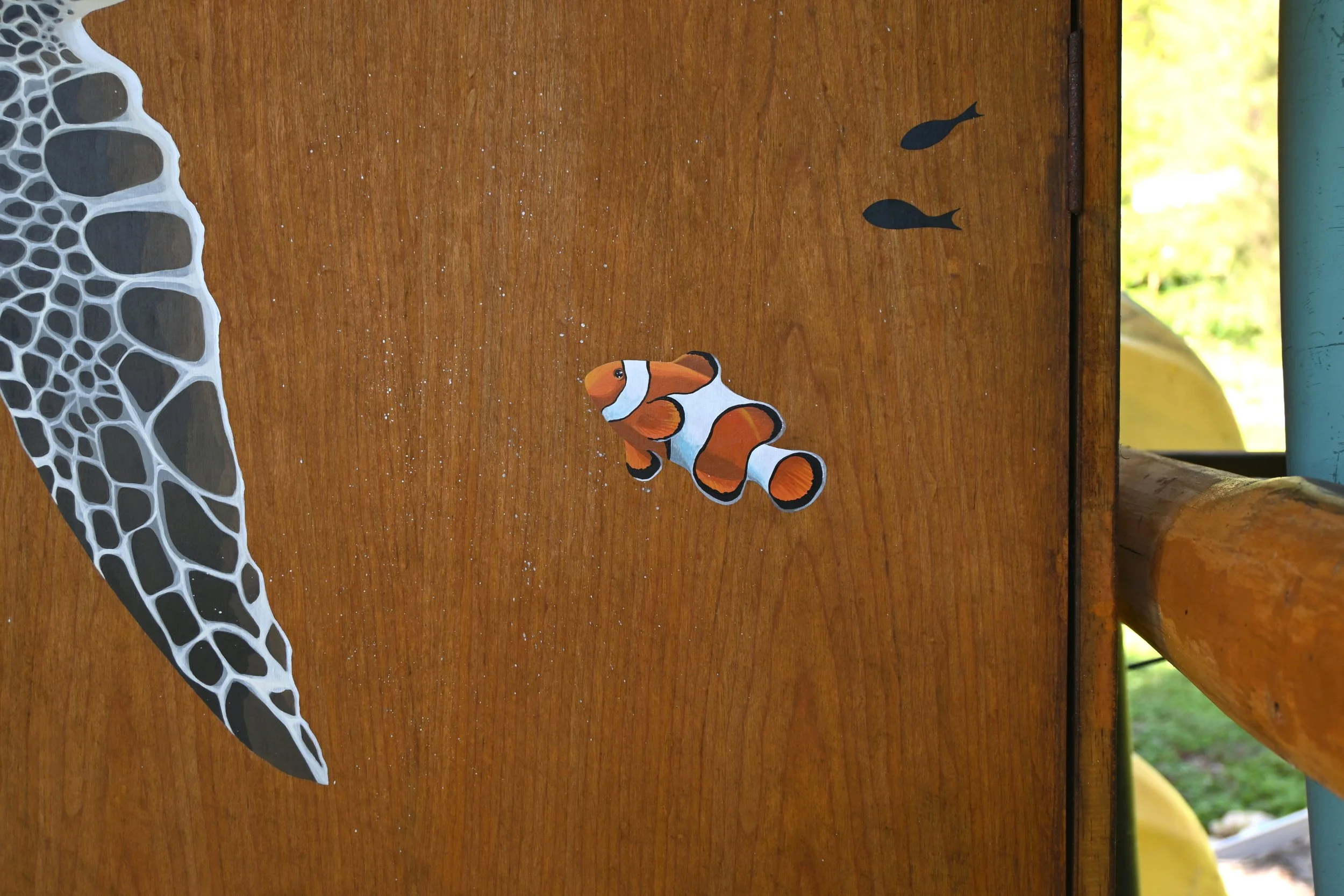 Kirana Retreat - A lively underwater scene featuring a variety of marine species. Painted on a wooden closet used to store watersport equipment at the resorts  watersport centre.