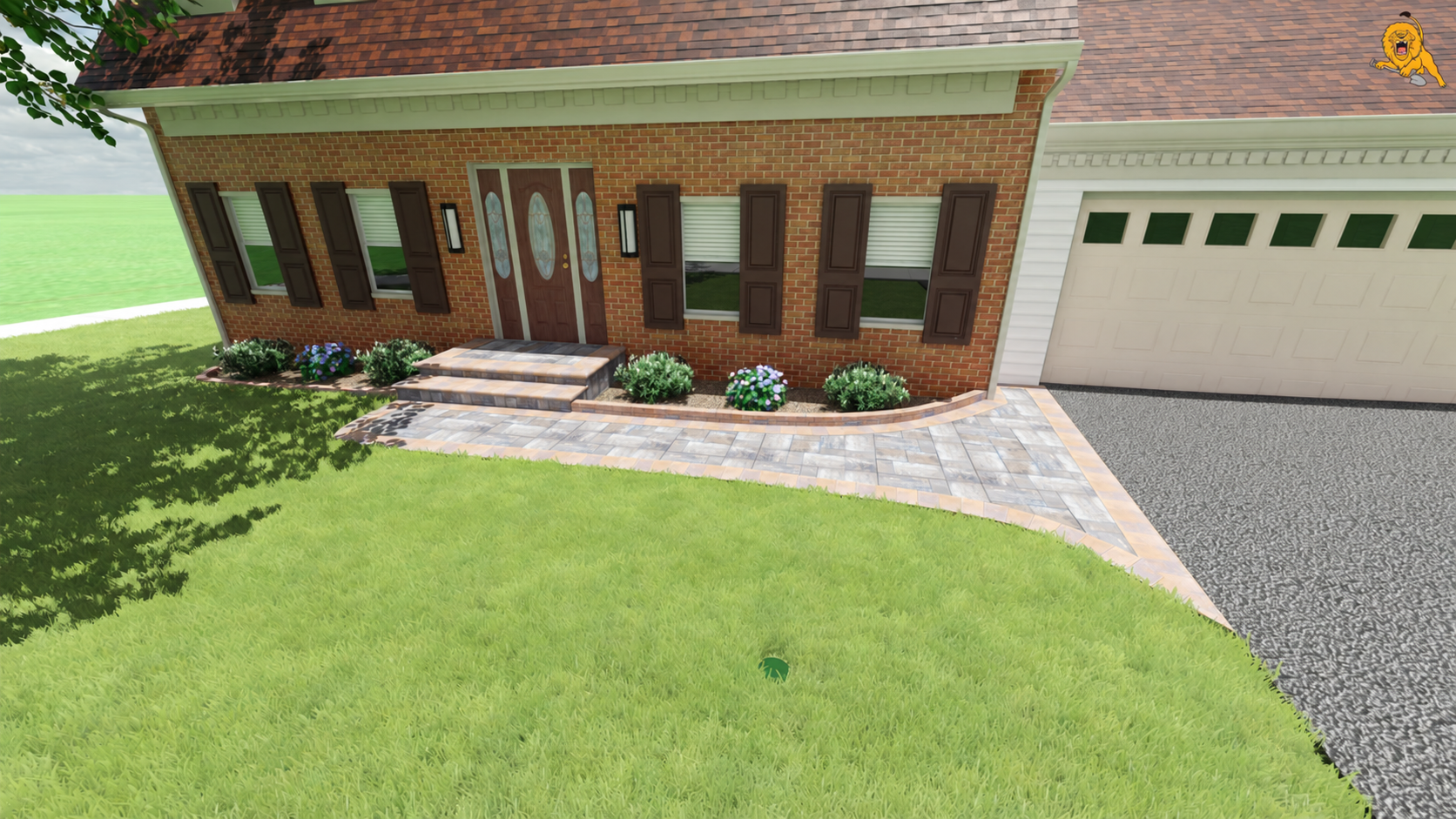DAZA 3D landscape concept showing proposed entry steps, a paver walkway and planting beds.