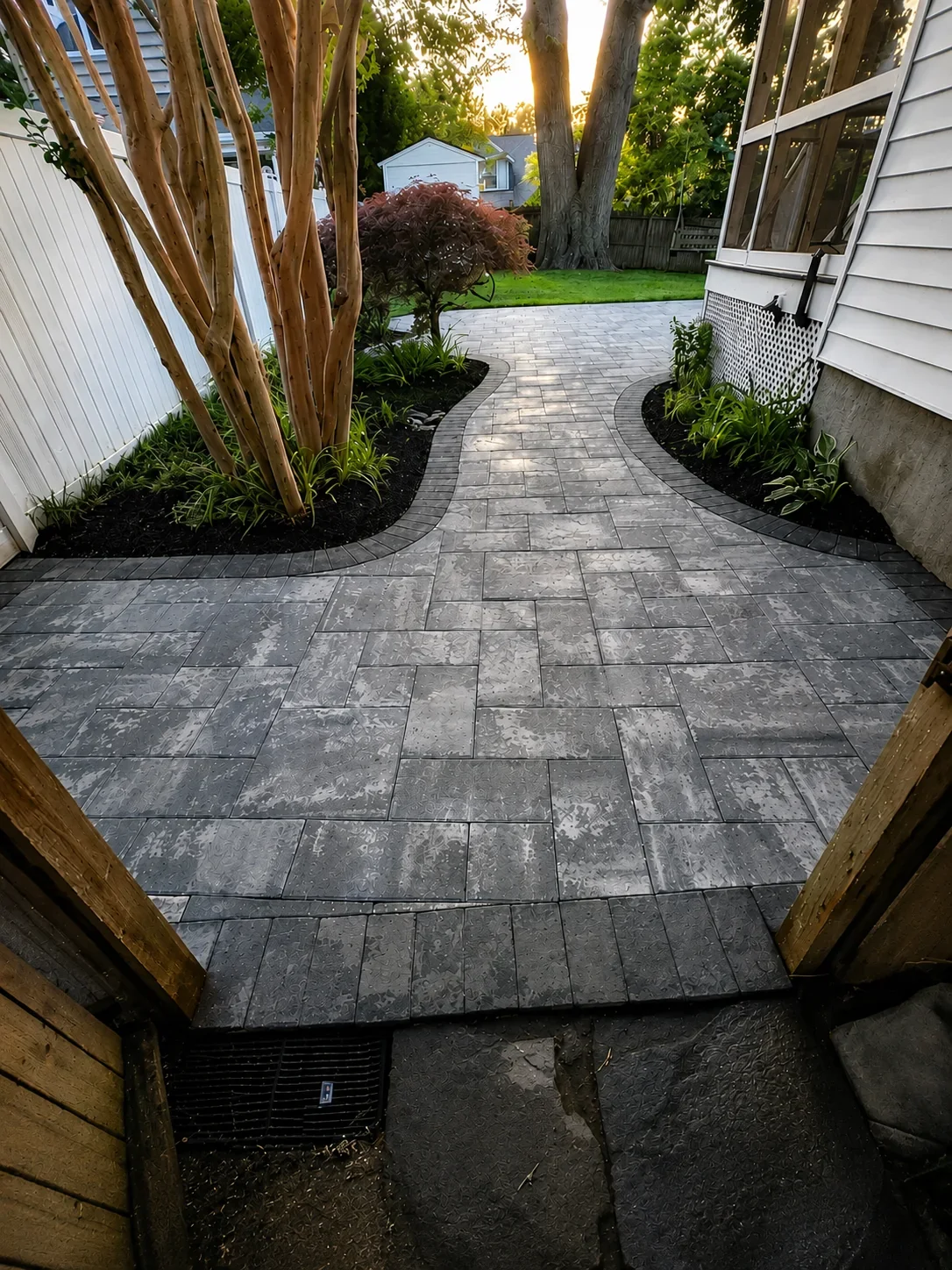 Curved gray paver patio and walkway bordered by planting beds and trees in warm evening light