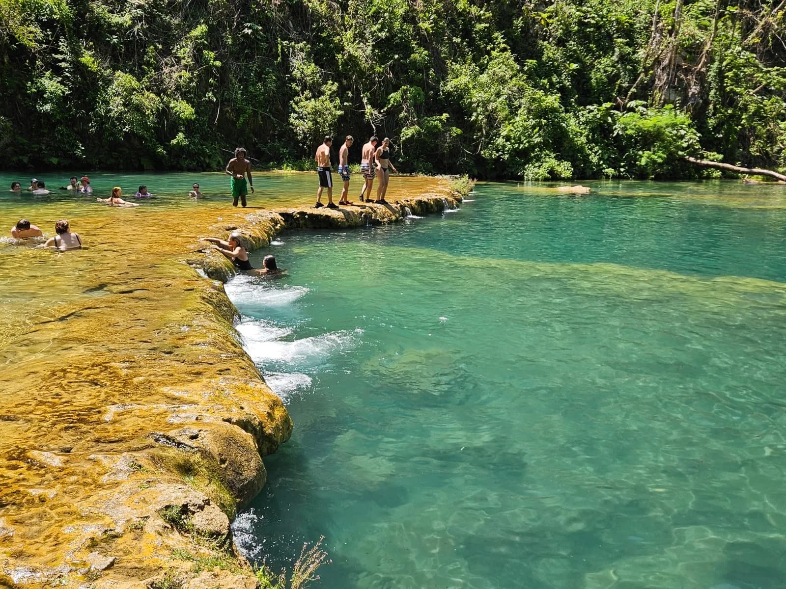 People swimming and relaxing in a turquoise river surrounded by lush green trees, with a rocky ledge for walking.