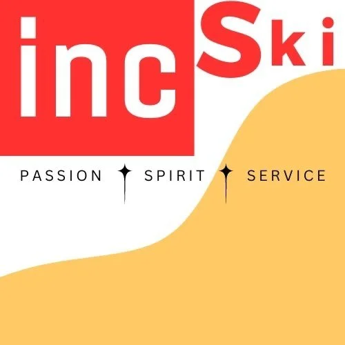 A graphic with the word 'in ski' and the words 'PASSION', 'SPIRIT', and 'SERVICE' underneath, separated by small star icons, with a red, white, and yellow color scheme.