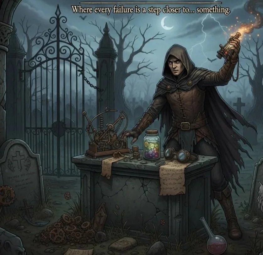A dark, spooky graveyard with a woman in a hooded cloak performing a spell. She is holding a lit lantern and standing at a stone table with mystical objects, including a jar of colorful orbs, glassware, and scrolls. Behind her is a wrought iron gate and leafless trees under a moonlit sky with lightning.